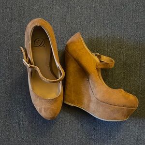 Tan suede Mary Jane wedge